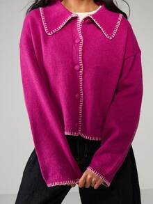 MISSGUIDED Women's Button Up Cardigan With Whipstitch Detailing Knit Sweater For Casual Layering Christmas - Red - View 4
