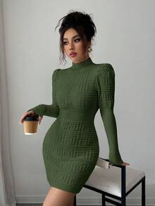Elenzga 女士高领优雅修身罗纹腰部针织连衣裙 - 軍綠色 - 查看 8