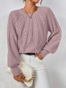 EMERY ROSE Casual Solid Color Lantern Sleeve Sweater, Autumn/Winter - Pink - View 5