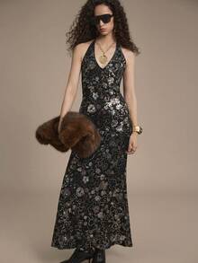 Chiquease Vestido elegante con cuello en V, bordado con lentejuelas para mujeres, adecuado para fiestas formales, cumpleaños, banquetes en otoño/invierno - Negro - Ver 7