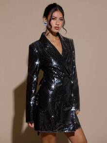 SHEIN BAE 女式翻领长袖束腰优雅时尚西装外套 - 黑色 - 查看 7