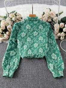 Chiquease 女士纯色提花面料翻领长袖休闲通勤时尚优雅复古衬衫 - 青碧色 - 查看 2