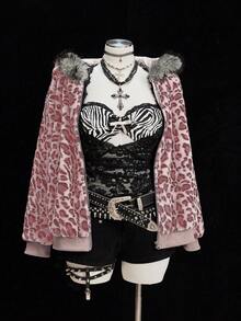 Sweetra Leopard Faux Fur Minimalist Hat & Short Vintage Casual Jacket - Pink - View 3