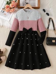 Young Girls' Colorblock Crew Neck Long Sleeve Rhinestone Bow Decor Casual Dress, Suitable For Everyday Wear, Spring/Autumn - Multicolor - View 4