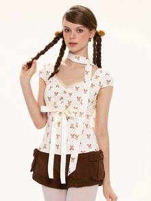 ROMWE Kawaii Women's Summer Fashion Bear Print Chest Ruched Contrast Lace T-Shirt - Apricot - View 6