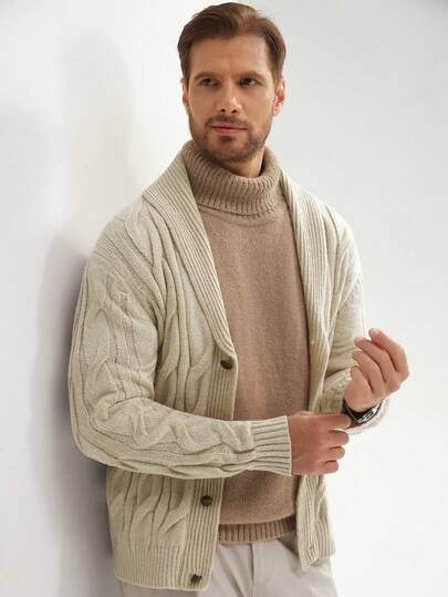 Manfinity Homme Men Shawl Collar Cable Knit Button Front Cardigan, For Fall Winter, Long Sleeve Top