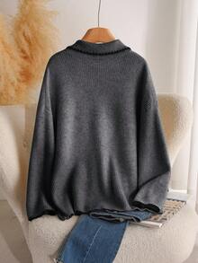 CosyJoli Plus Size Casual Color Block Trim V-Neck Pullover Sweater/Winter - Grey - View 2