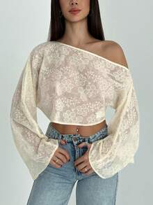 Aloruh Women's Vintage Sexy Embroidered Floral Batwing Sleeve Shawl Collar Cover Up Golf White Autumn - Apricot - View 3
