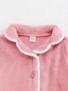 Cozy Pixies Conjunto de ropa casual para el hogar de 2 piezas para niña bebé, con cardigan de manga larga con cuello de solapa y ribete de contraste, y pantalones rectos de cintura elástica para otoño/invierno - Rosa Pálido - Ver 4