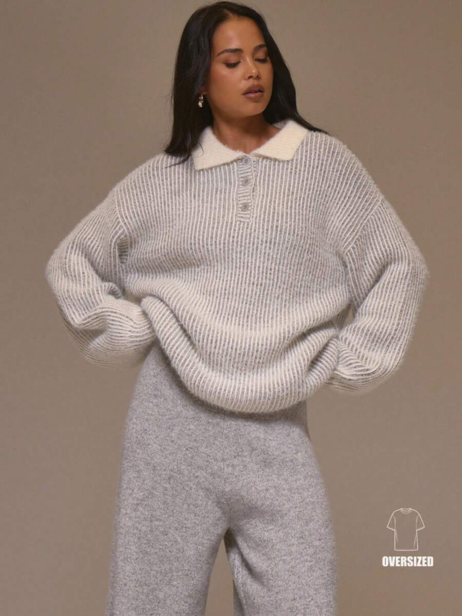 MUSERA 雙色馬海毛針織領大尺寸鈕扣細節毛衣 酷女孩、街頭風、可愛、 , , , 冬春毛衣 - 灰色 - 查看 1