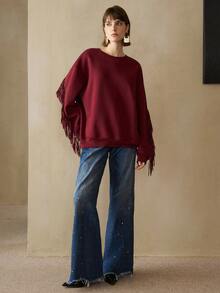 Arave Women's Cotton Loose Round Neck Fringe Design Everyday Casual Long Sleeve Sweatshirt    Winter Clothes For Women Tassel Sweatshirt Red Sweatshirt - Red - View 4