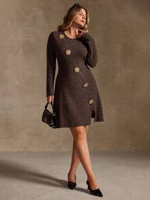 Elegantrix Plus Size Women Textured Floral Chiffon Ribbed Knit Rose Metal Button French Casual Split Dress, Autumn/Winter - Rust Brown - View 6