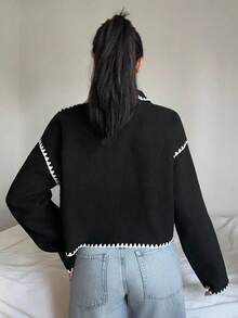 Sparklyn Teen Girl Casual All-Match Versatile Black & White Contrast Trim Collar Big Pocket Wool Blend Jacket, Autumn/Winter Fall