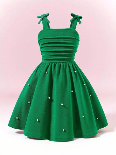 Teen Girls Red Spaghetti Strap Bowknot Waist Midi Dress, Elegant, Textured Fabric, Beaded Detail, Suitable For Back To School Season