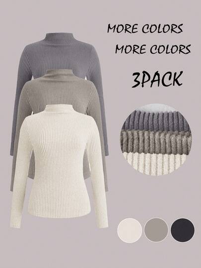 SHEIN LUNE 3 قطع/مجموعة تي شيرت ضيقة ملائمة ذات لون أساسي مريحة وناعمة، ملابس طبقات عادية للخريف/الشتاء