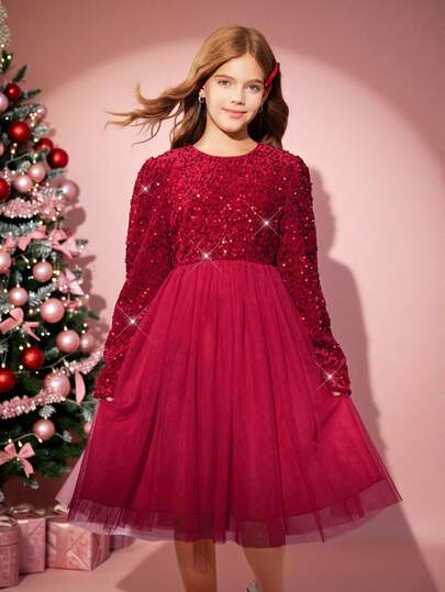 Christmas,Halloween Clothing For Kids,Winter,Wednesday,Black Dress,Christmas,Halloween,Party Dress,Tween Girl Solid Color Sequin Patchwork Round Neck Long Sleeve Mesh Hem Elegant Dress Red Christmas Dress Tweens Girls Red Dress 10year Old Red Dress For Tween Girl Burgundy Dress For Girl