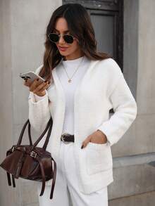 Pariaura Cardigan ample à capuche de couleur unie avec grandes poches, cardigan en tricot blanc pour femmes en automne/hiver. Cardigan casual blanc pour femmes, blanc pour le brunch - Blanc - Voir 1