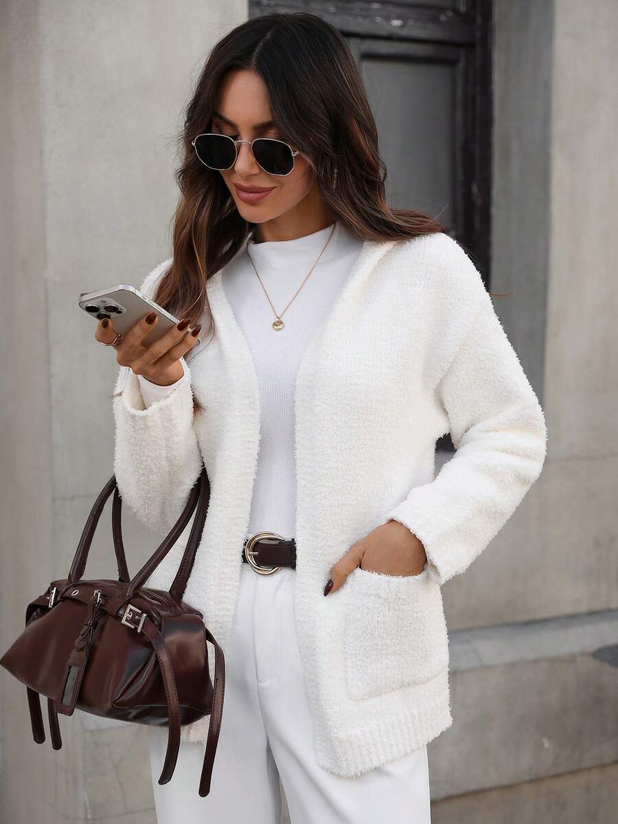 Pariaura Cardigan ample à capuche de couleur unie avec grandes poches, cardigan en tricot blanc pour femmes en automne/hiver. Cardigan casual blanc pour femmes, blanc pour le brunch - Blanc - Voir 1