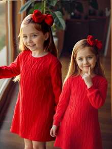 SHEIN 年轻女孩休闲纹理宽松圆领连衣裙，秋季 - 紅色 - 查看 2