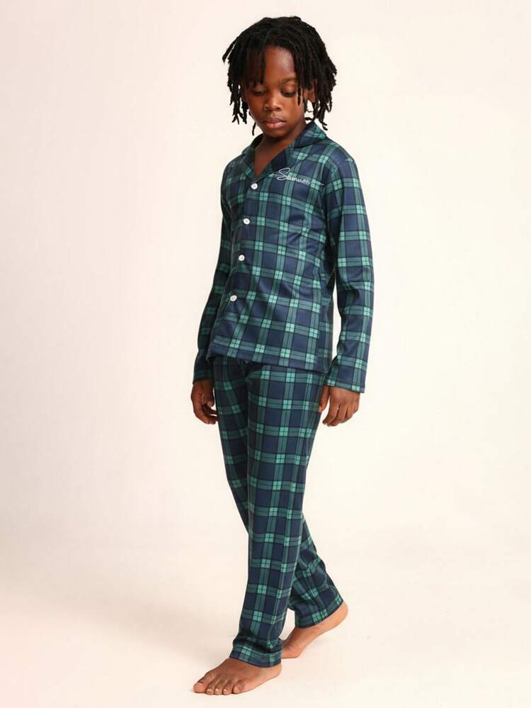 Karierter Langarm-Pyjama mit Knöpfen