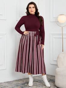 Modelyn Plus Size Casual Striped Patchwork Knit Dress, Autumn/Winter - Burgundy - View 1