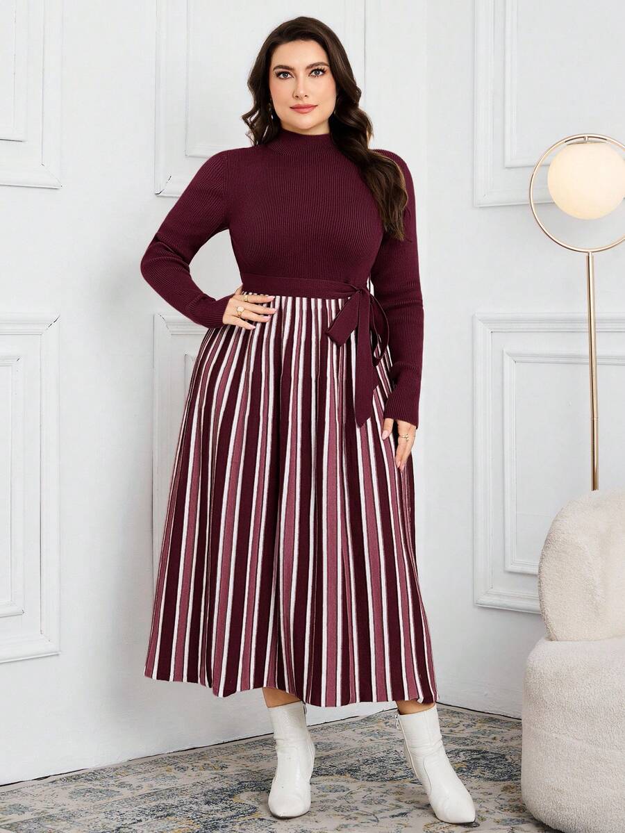 Modelyn Plus Size Casual Striped Patchwork Knit Dress, Autumn/Winter - Burgundy - View 1