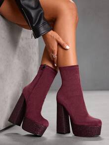 CUCCOO SZL 酒红色绒面革方头厚底粗跟弹力时尚正式派对性感侧拉链踝靴，女士圣诞节礼物 - 酒紅色 - 查看 7
