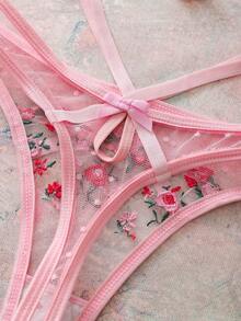 Women's Floral Embroidered Mesh Bow Decor Thong Panties - Pink - View 6
