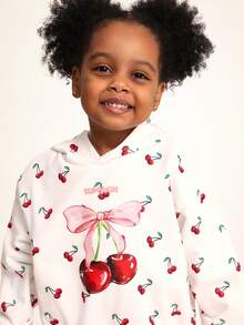 SUMWON Girls Cherry Print Hooded Sweatshirt With Pink Bow Design Pullover Top - White - View 3