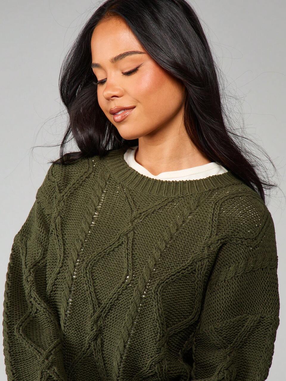 MISSGUIDED Olive Green Cable Knit Pullover Sweater Winter Cozy Textured Long Sleeve Jumper Fall Fashion