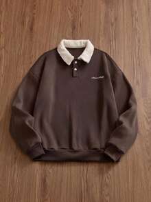 SWAVVY 男士撞色刺绣英文字母 Polo 领卫衣，秋冬服装，情侣装 - 彩色 - 查看 8