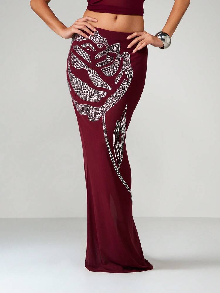MISSGUIDED Oversized Rhinestone Rose Embellished Maxi Skirt With Mesh Panels For Evening Party Christmas