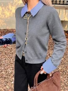 DAZY 女士休闲撞色翻领开衫，秋季款 - 灰色 - 查看 7