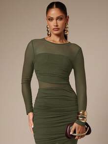 Silquee Vestido ajustado de fiesta elegante de mujer de unicolor con malla fruncida - Verde militar - Ver 7