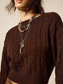 SoleilVie Solid Color Drop Shoulder Long Sleeve Casual Cable Knit Pullover Sweater - Bronze - View 4