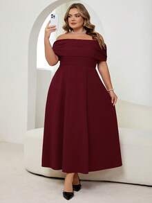 SHEIN CURVE+ 大码女士优雅简约时尚浪漫性感连衣裙，露肩高腰A字伞裙，适合度假、通勤、约会，灰色长款连衣裙 - 紅色 - 查看 4