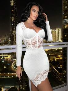 Allurite 针织蕾丝胸罩杯长袖性感迷你连衣裙 - 白色 - 查看 3