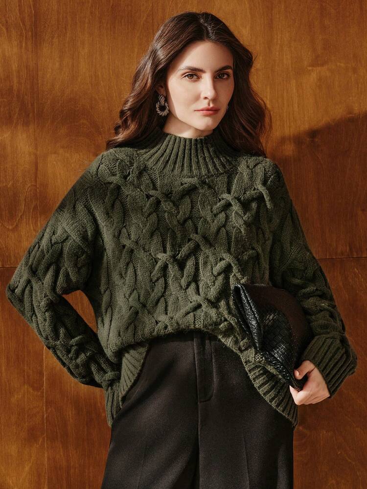 Anewsta 女士优雅宽松超大款3D立体花卉高领毛衣，绿色，舒适百搭，适合圣诞节、感恩节及秋冬季穿着。 - 軍綠色 - 查看 3