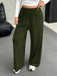 SHEIN EZwear 加大码橄榄绿抓绒保暖舒适休闲抽绳宽松裤 - 軍綠色 - 查看 5