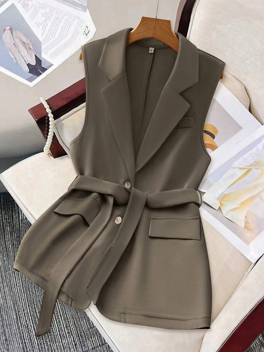 GlowEve 时尚百搭纯色无袖西装外套 - 棕色 - 查看 1