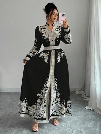 Rafferiza 复古花卉印花 V 领灯笼袖荷叶边下摆连衣裙，适合女士度假和宫廷风格