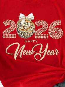 Happy New Year Women's Casual Short Sleeve T-Shirt With Gold Bow,Reflective Ball Decor,2026 Letter Graphic Print,Red And Gold,Summer,Casual,Party - Burgundy - View 5