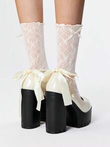 ROMWE Goth Giày cao gót đế dày đế thô thời trang Mary Jane màu trơn đính ngọc trai, trang trí nơ ren, thích hợp cho tiệc tùng, đi chơi, hẹn hò - trắng - Xem 5