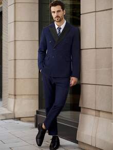 Manfinity Bizformal 男士正装商务撞色尖领双排扣西装外套和裤子套装，适合婚礼 - 藏蓝色 - 查看 4