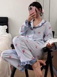 SHEIN 女士蓝色条纹蝴蝶结印花拼接撞色翻领长袖上衣和裤子睡衣套装，冬季服装 - 藍色 - 查看 5