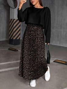 SHEIN Essnce Plus Size Casual Solid Color Long Sleeve Top And Leopard Print Dress 2-Piece Set, Autumn Leopard Skirt Skirt Long Cheetah Skirt/Winter