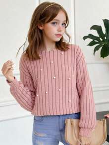 SHEIN 青少年女孩针织毛绒罗纹铆钉圆领宽松休闲长袖 T 恤 - 粉色 - 查看 8