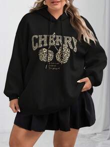 SHEIN CURVE+ 休闲简约豹纹和樱桃印花连帽宽松厚款女士运动衫，秋冬女装，冬季，CURVE PLUS - 黑色 - 查看 2
