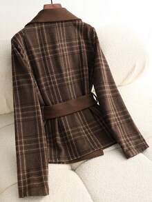 Franclia 法式复古H型翻领格纹拼接腰带通勤外套女式羊毛大衣，秋冬款 - 咖啡棕 - 查看 2