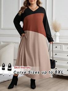 SHEIN CURVE+ Plus Size Color Block Round Neck Long Sleeve Loose Elegant Casual Dress, Autumn/Winter - Multicolor - View 6
